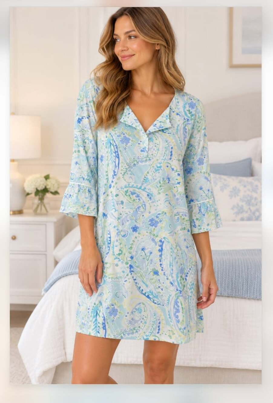 Lauren Ralph Lauren Nightgown Womens M Blue Paisley V Neck 3/4 Sleeve